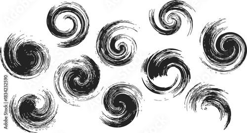 Black swirl set sketch hand drawn abstract spiral brushstroke elements. Vector illustration
