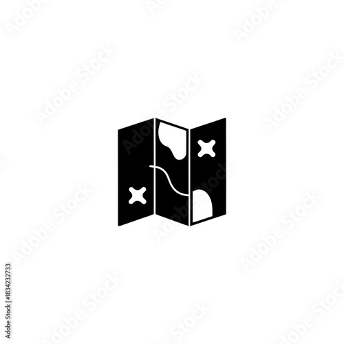 Illustration of a folded map with markings and symbols on transparent background