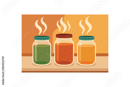 Flat vector illustration of colorful homemade broth jars cooling on bold steam lines rounded shapes
