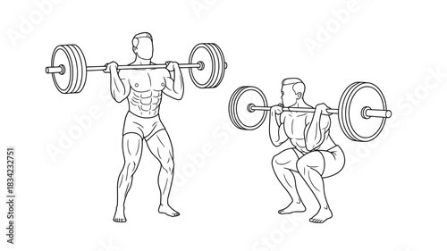 Man lifting weights doing squats, exercise, fitness, and strength training illustration