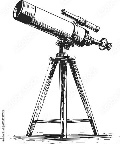 Telescope sketch hand drawn on tripod with detailed vintage style. Vector illustration