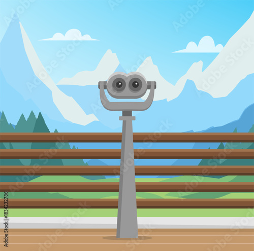 Binocular with a wonderful view of mountains in flat style. Viewpoint with binocular. Vector stock