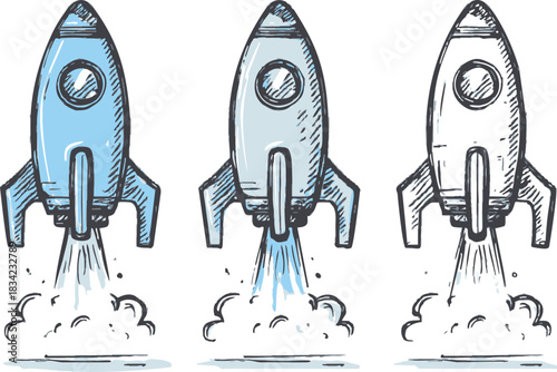 Rocket ships sketch hand drawn launching with smoke and flames. Vector illustration