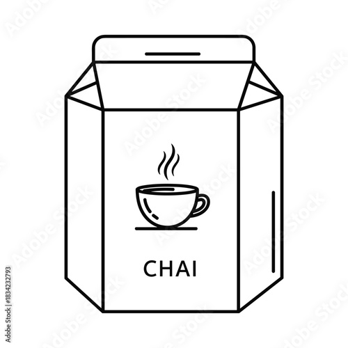 Hand drawn line art illustration of a chai tea box with a steaming cup of chai on the front