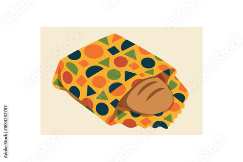 Flat vector illustration of bright beeswax wrap sheet with bold geometric pattern around bread rounded folds