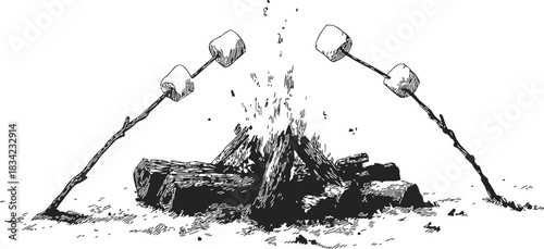 Campfire with marshmallows on sticks, sketch hand drawn style, outdoor scene. Vector illustration