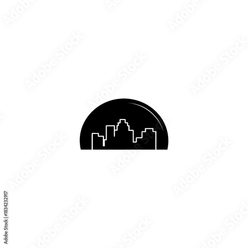Silhouette of a city skyline inside a semi circular shape on transparent background
