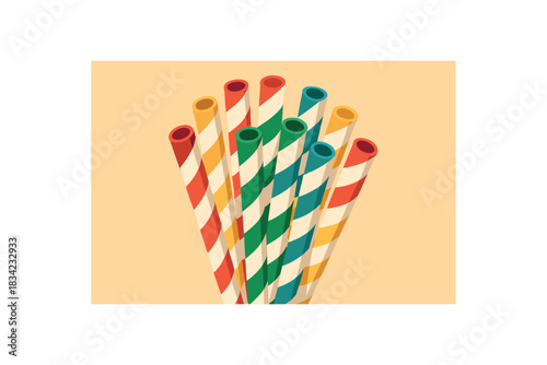 Flat vector illustration of colorful paper straw bundle with vivid stripes rounded tubes minimal details