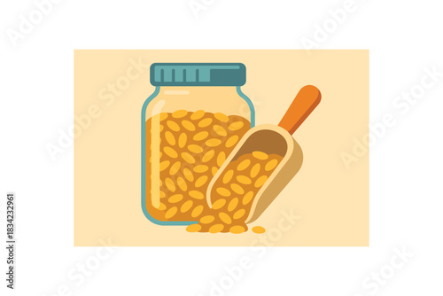 Flat vector illustration of bright mason jar filled with bulk grains and bold scoop rounded shapes minimal details