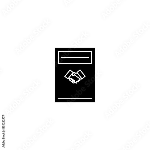Black document with handshake icon and horizontal lines on transparent background