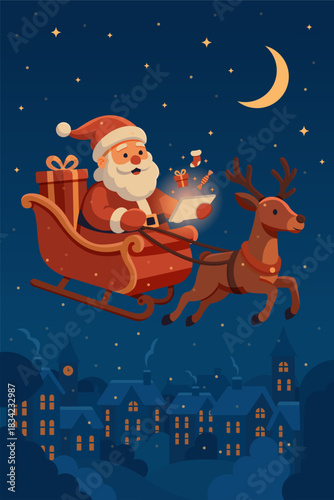 Santa Claus is flying with a reindeer looking at a tablet with gifts over the night city and magical snow is falling around.