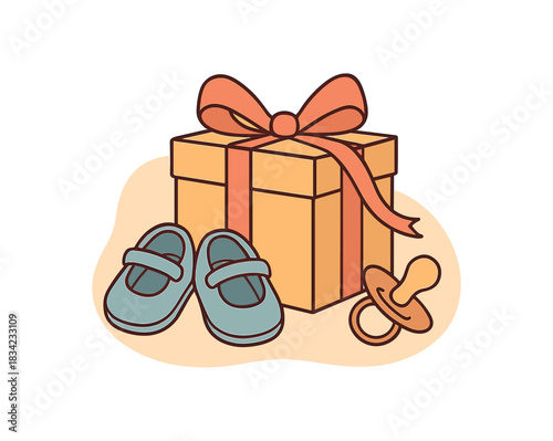 Birth gift box wrapped gift baby shoes pacifier ribbon flat vector illustration minimal isolated abstract shape
