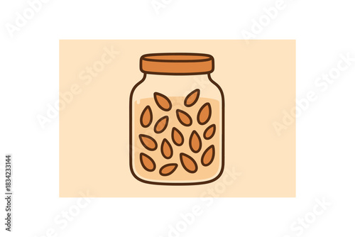 Flat vector illustration of glass jar filled with seeds for planting soft rounded shapes clean outline earth day cozy eco style