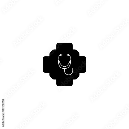 Stethoscope inside of a medical cross symbol in black on transparent background