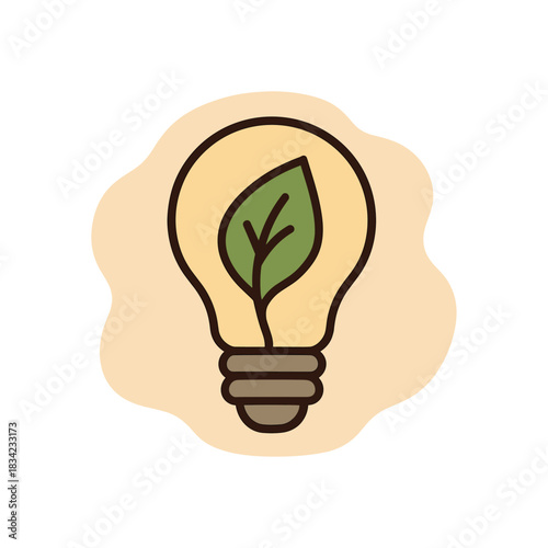 Flat vector illustration of eco lightbulb with leaf inside soft rounded forms clean outline earth day cozy eco style