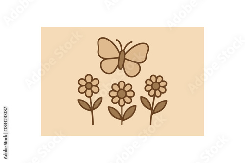 Flat vector illustration of butterfly above flowers simple silhouette soft rounded shapes clean outline earth day cozy eco style