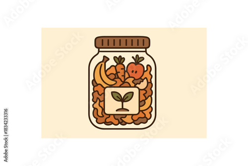 Flat vector illustration of compost jar with food scraps and sprout icon on label soft rounded shapes clean outline earth day cozy eco style