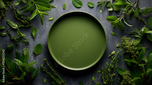 Top view of empty green plate surrounded by fresh green herb leaves