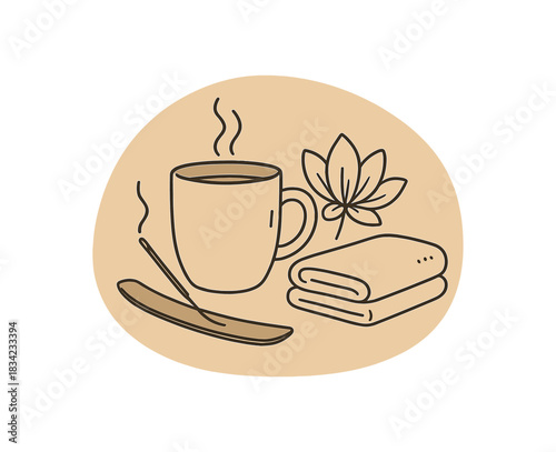 Mindful break mug flower incense stick soft towel flat vector handdrawn outlines minimal isolated organic background shape