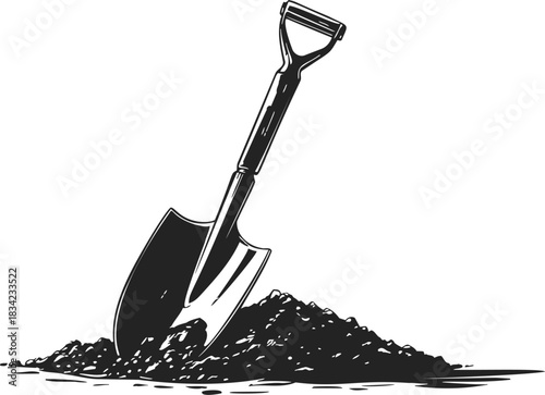 Shovel sketch hand drawn style digging into soil pile. Vector illustration