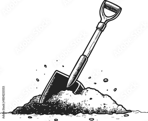 Shovel hand drawn sketch digging into soil with dirt pile. Vector illustration
