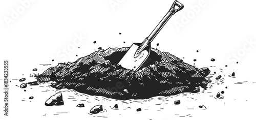 Shovel sketch hand drawn in pile of soil with scattered rocks. Vector illustration