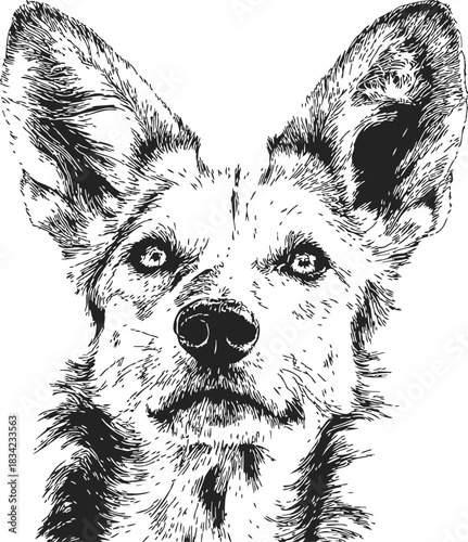 Dog portrait sketch, hand drawn style, close up face with expressive eyes. Vector illustration