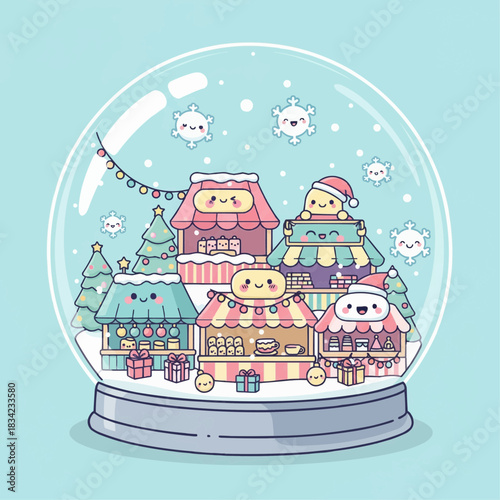 Christmas market inside a chubby snow globe with smiling stalls