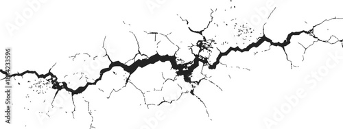Crack pattern sketch, hand drawn jagged fracture line with scattered thin cracks. Vector illustration