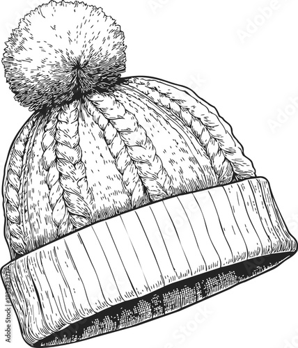 Knit winter hat with pom pom, sketch hand drawn style, ribbed brim and cable pattern. Vector illustration