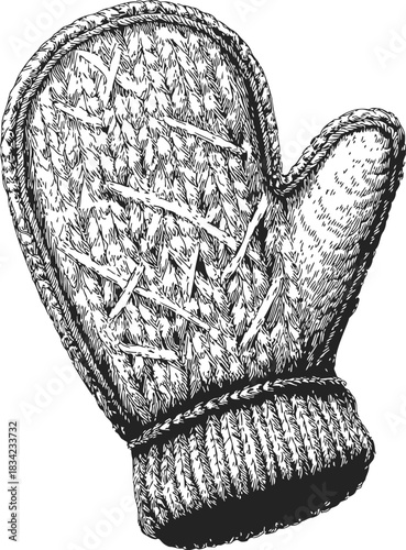 Oven mitt sketch hand drawn detailed kitchen glove with textured fabric. Vector illustration