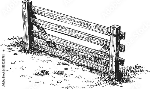 Wooden split rail fence sketch, hand drawn rustic style with grass and ground. Vector illustration