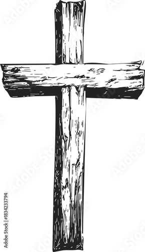 Wooden cross sketch, hand drawn rustic style with textured wood grain. Vector illustration