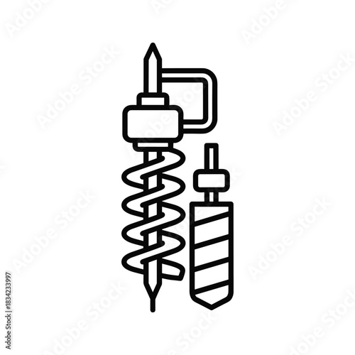 Earth auger and drill bit line icon: ground drilling, excavation, and construction tools for boring holes and post-hole digging, representing industrial equipment and machinery.