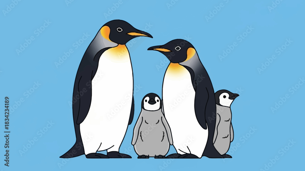 Fototapeta premium Emperor Penguin Family with Two Chicks Illustration.