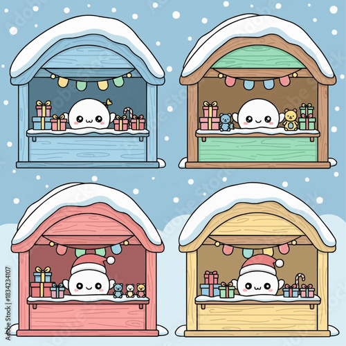 Cute chubby wooden Christmas market stalls with rounded roofs, baby snowball characters selling tiny gifts