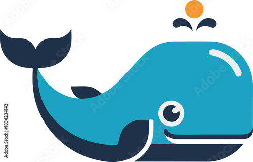 Blue whale vector illustration spouting water with an orange dot above its blowhole isolated on transparent background