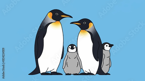 Emperor Penguin Family with Two Chicks Illustration.