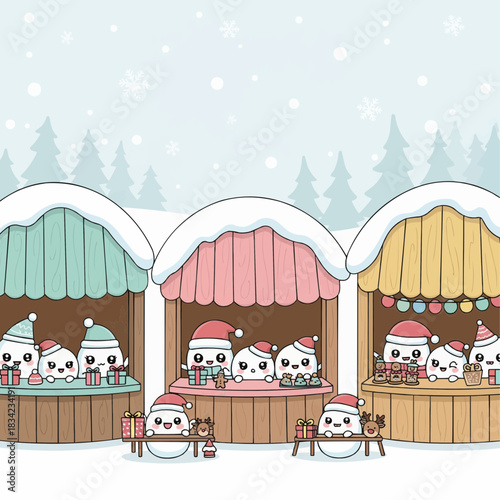 Cute chubby wooden Christmas market stalls with rounded roofs, baby snowball characters selling tiny gifts