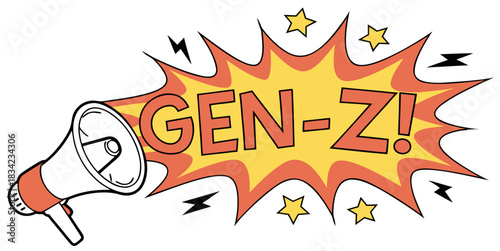 Hear the Voice of Gen-Z! Expressive comic book style graphic with megaphone announcing the Gen-Z generation, perfect for marketing and youth trends