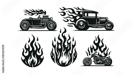 Silhouettes. Vintage hot rods and flames. Vector illustration, Transparent background SVG version.