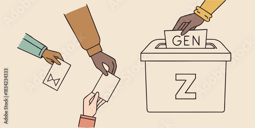 Diverse hands casting votes for Generation Z in modern election box, symbolizing youth engagement and democratic participation for future generations