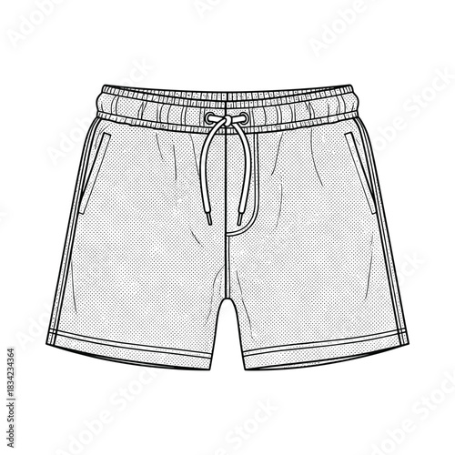 Hand drawn sketch of casual shorts with drawstring and pockets on white background