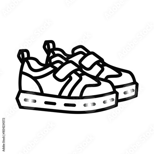 Simple outline drawing of childrens sneakers with velcro straps and light up soles