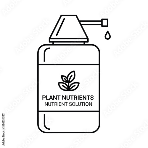 Line art illustration of a bottle containing plant nutrients and a drop of liquid falling from a dispenser
