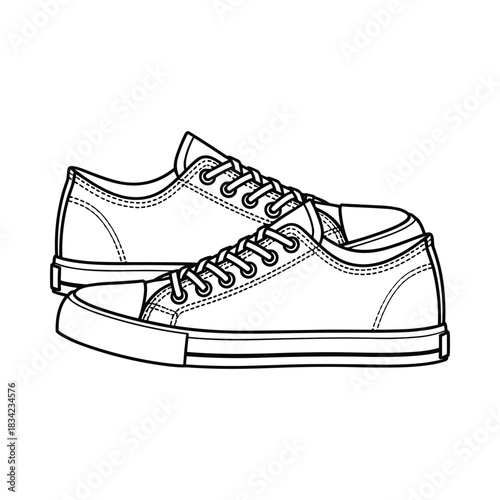 Classic canvas sneakers hand drawn sketch black and white outline