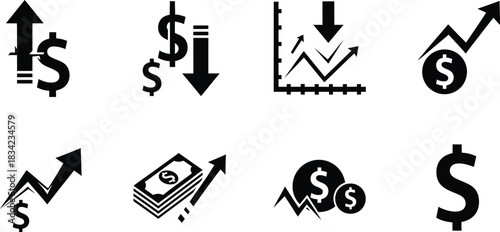Financial fluctuations black and white vector icons depicting market trends and economic indicators