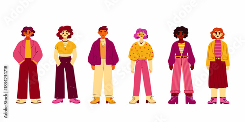 Diverse group of young people in trendy outfits illustration