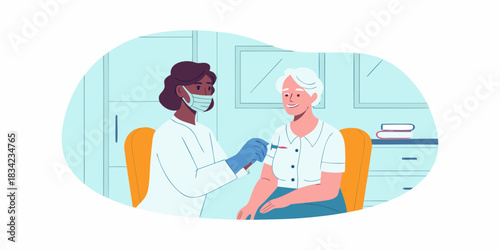 African american doctor administering vaccine to senior patient in clinic setting