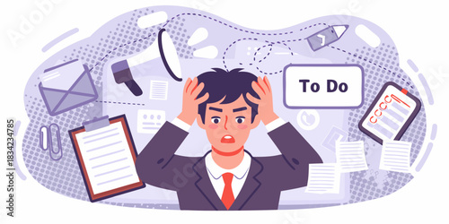 Overwhelmed businessman with too many tasks and deadlines illustration